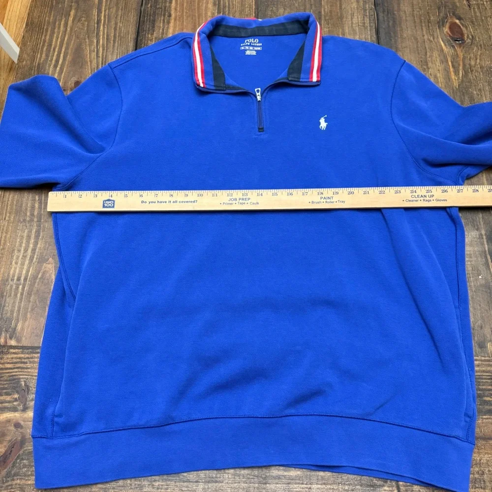 Polo Ralph Lauren Mens XXL‎ Royal Blue Quarter Zip Pullover Striped Collar Pony